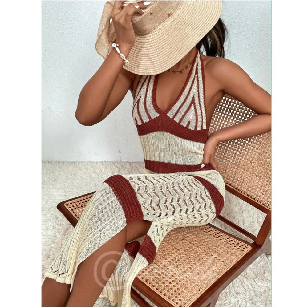 Long Beach Coverup Dress Beige and Brown Stripes Backless V-Neck Halter - Picture 5 of 7